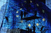 Picture - European flag on background of metal scaffolding